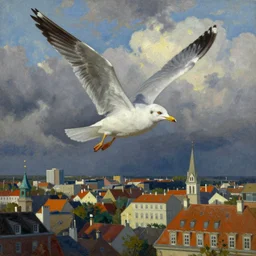 seagull, city, painting, tonal colors, polychromatic - colors, essence, divine, by richard doyle, by robert hagan