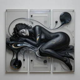 female body silhouette sleeping in liquid acrylic rectangles and circles fluid drops, art noveauand art deco, modern, black colors, grey color pallete, cinestill, futuristic neon glows, photography by amy leibowitz and volfgang schneider, bodypainting, painting by morava and goldalh, artstation, epic concept art, beautiful female face matte painting