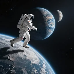 a astronaut running at the edge of space, toward a planet, calm, reaching the abyss, digital art