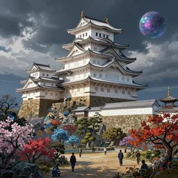 a psychedelic realm hidden away in a pocket of ethereal understanding, astral projection of himeji castle, in the style of greg rutkowski, and wlop, and lisa frank, and bob ross, and ruan jia, illustration, epic, fantasy, hyper detailed, smooth, unreal engine, sharp focus, ray tracing