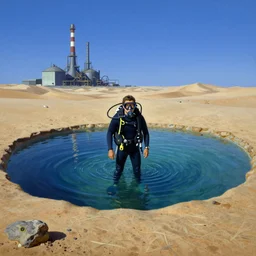 a solitary scuba divers is standing in a small wading pool. the pool is surrounded by desert sand ; factory in the background. the sky is cloudless. surrealist detailed oil painting, salvador dali