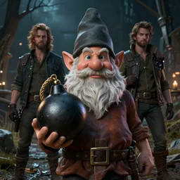 epic portrait cinematic shot of a gnome holding a bomb, fine details. night setting. realistic shaded lighting poster by craig mullism, artgerm, jeremy lipkin and michael garmash, unreal engine, radiant light, detailed and intricate environment, digital art, trending on art station,