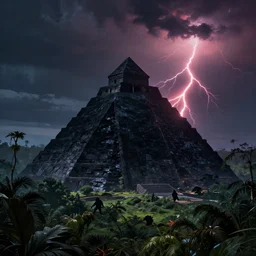 huge black obsidian pyramid!! in a jungle, with a black silhouette of humanoid creature by eugene von guerard, ivan shishkin, night, red lightning!!, night!, dramatic lighting, concept art, trending on artstation, 8 k