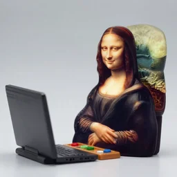 figurine of mona lisa playing games on her computer, high end pc rig, personification, dynamic pose, detailed product photo, featured on amiami, tone mapped, still beautiful composition, 8 5 mm, f 1. 8, high detail