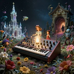 a centered render of intricate modular synthesizer of alice in wonderland, shining its light across a tumultuous sea of flowers in space, undersea animals and gothic crystal church and mutant robots and vintage house tunnels by dorothea tanning and salvador dali, trending on artstation, cyber punk, high contrast, unreal engine, high detailed, 8 k