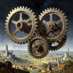 giant interlocked gears cogs, giant geometric mechanisms floating in space, industry, villages castles, buildings vista artstation illustration sharp focus vista painted by ruan jia raymond swanland lawrence alma tadema zdzislaw beksinski norman rockwell tom lovell alex malveda greg staples