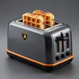 a lamborghini brand concept toaster appliance, toasted bread in toaster slots, eggo waffle inside toaster slot, aggressive angular design, bold lamborghini style with air scoops, heated coils, professional product shot