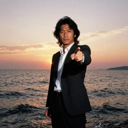 japanese man with long hair in a suit standing in the ocean pointing at the camera, sunset, album cover, 1980