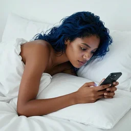young woman with cinnamon colored skin and dark blue hair on her phone under the white sheets on her white bed, masterpiece , Corporate Memphis , award winning. Post-processing