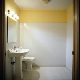a long - shot, color home photograph portrait of a bathroom, floor, ceiling, day lighting, 1 9 9 0 photo from photograph magazine.