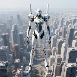 a sleek, slender, futuristic symmetrical mecha, defending the vast looming city, designed by hideaki anno, drawn by tsutomu nihei, and painted by zdzislaw beksinski