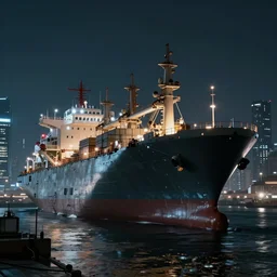 Immense industrial futuristic cargo ship arrives at cyber punk city sea port, cinematic lighting, night photo