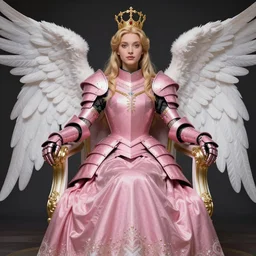 gorgeous!! hyper - realistic princess wearing ornate pink knight armor, angel wings l sitting at the thrown | by takashi murakami