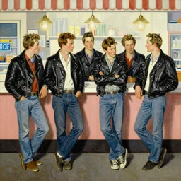 norman rockwell, edwin lord weeks, painting, greaser biker gang, black leather jackets, greaser biker gang hanging out at the ice cream parlour