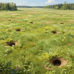 swedish summer field, vast empty spaces, filled with rabbit holes, fantasy, intricate, elegant, highly detailed, digital painting, artstation, concept art, smooth, sharp focus, illustration, art by greg rutkowski, art by seb mckinnon, art by justin gerard