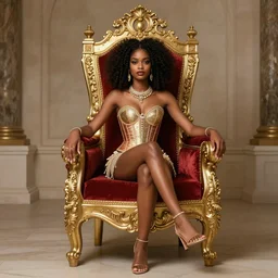 african princess, inspired by yara shahidi with an afro, sitting on an royal throne, wearing corset with heels, regal pose, inspired by artgerm, character concept inspired by artstation.