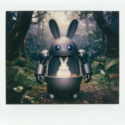 dark night oversized battle rabbit robot chubby fatmech trailer bucket bowl with big ears with rabbit sitting inside, in jungle forest, full body, nighttime, cinematic focus, polaroid photo, vintage, neutral dull colors, soft lights, foggy, overcast by oleg oprisco, by thomas peschak, by discovery channel, by victor enrich, by gregory crewdson