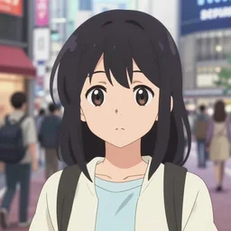 anime visual, portrait of a young female traveler in shibuya shopping, cute face by ilya kuvshinov, yoh yoshinari, dynamic pose, dynamic perspective, cel shaded, flat shading mucha, rounded eyes, moody, psycho pass, kyoani, paprika