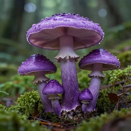a photography of a purple mushroom family in a rainforest, intricate detail, photorealistic