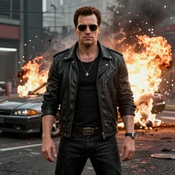 extremely cool looking quentin tarantino in the game'gta v ', in the background an exploding car. unreal engine 4 render 4 k