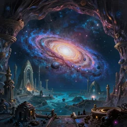 Massive subterranean galaxy in sprawling ancient ruins of Atlantis ocean in the style of Stephan Martiniere, trending on artstation, vivid and vibrant, concept art