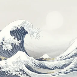 huge waves far out at sea drawing by Victo Ngai, minimalist, detailed, land in sight, kilian eng, josan gonzalez