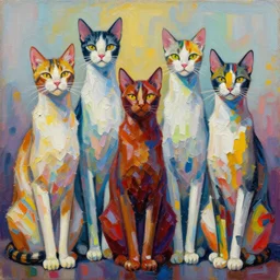 highly detailed contemporary acrylic painting of really tall sitting cats by geof darrow, thick brush strokes and visible paint layers, vivid multicolor scheme