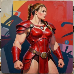greg manchess portrait of margot robbie as thick female bodybuilder lara croft wearing red armour, epic grimdark, fantasy, medium shot, asymmetrical, profile picture, organic painting, sunny day, matte painting, bold shapes, hard edges, street art, trending on artstation, by huang guangjian and gil elvgren and sachin teng