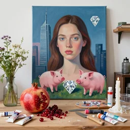 “ a portrait in a female art student ’ s apartment, a berry and a big diamond, skyscraper, pork, a whole pomegranate, art supplies, paint tubes, palette knife, pigs, ikebana, herbs, a candle dripping white wax, squashed berries, acrylic and spray paint and oilstick on canvas, surrealism, neoexpressionism ”