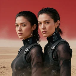 cinestill 5 0 d photographic portrait of two loving female androids wearing rugged black mesh techwear on a desolate plain with a red sky, extreme closeup, modern cyberpunk, dust storm, 8 k, hd, high resolution, 3 5 mm, f / 3 2, ultra realistic faces, ex machina, blade runner
