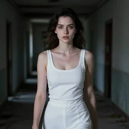 A very macular woman in white is walking dark hallway in abandoned building at midnight, dark place, deep shadow, Close up, Front view, film still