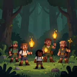 group of adventurers wielding a torch in a dark forest, artstation, pixel art