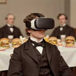 an early 1800s photo of someone with a virtual reality headset, a tablefull of Big Macs behind them