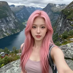 a young woman with long pink hair, face front facing forward for a selfie, hiking clothes, tank top, norway, fjords in background, cinematic, beautiful, stunning, day time, epic, 8 k, 1 6 : 9
