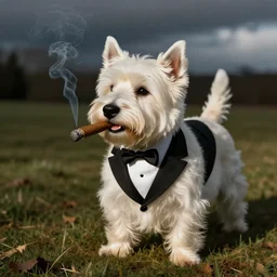 dapper well dressed west highland white terrier in a tuxedo drinking scotch and smoking a cigar