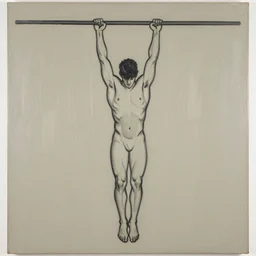 thick paint brush strokes, outline of a thin athletic male physique doing pullup, matte paint colors, minimal painting, james nares, willem de kooning