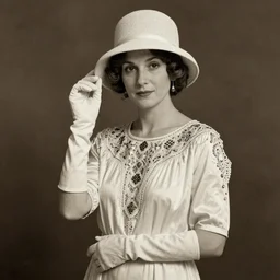 a sepia portrait photo of a 1 9 2 0 s woman wearing a cream coloured bohemian style silk crepe dress with a bucket cloche hat and long cotton gloves, atmospheric lighting, painted, sepia, intricate, ultra detailed by leesha hannigan, thierry doizon, kai carpenter, well composed, best on artstation, cgsociety, epic, stunning, gorgeous, intricate detail, wow, masterpiece