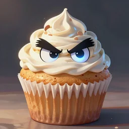 A tasty looking cupcake with bushy eyebrows and grumpy face hiding, blue light, extra detailed, digital illustration, by Makoto Shinkai and thomas kinkade, digital painting, Matte painting, trending on artstation and unreal engine