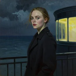 Elle Fanning in the world of Edward Hopper, stormy weather, extremely detailed masterpiece, oil on canvas, low-key neon lighting, artstation, Blade Runner 2049, Roger Deakin’s cinematography, by J. C. Leyendecker and Peter Paul Rubens,