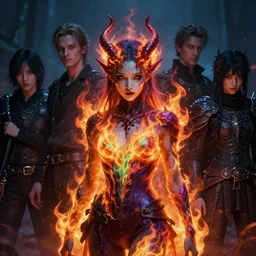 a fancy portrait of a young Demon girl covered in colourful flames by Greg Rutkowski, Sung Choi, Mitchell Mohrhauser, Maciej Kuciara, Johnson Ting, Maxim Verehin, Peter Konig, Bloodborne , 8k photorealistic, cinematic lighting, HD, high details, atmospheric , trending on artstation
