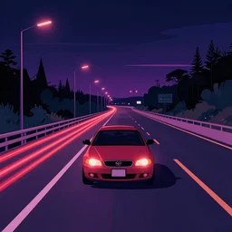 a beautiful artwork of a car on a highway at night, neon vibes, by Jerome Opeña, featured on artstation