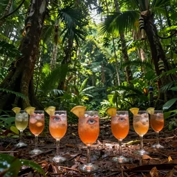 bright tropical forest, sparkling spirits, detailed wide shot, crayon, ground detailed, wet eyes reflecting into eyes reflecting into infinity, beautiful lighting
