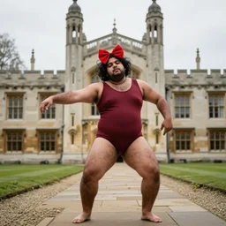 fat hairy indian guy looking drunk out the front of Kings College Cambridge UK wearing a leotard and big red bow in his hair and dancing