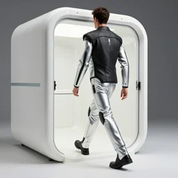cinematic photoshoot of clean modern hand crafted super futuristic man walking out of white pool of milk pro display xpr luxury smooth color metal white silver with black leather padding well design ultrareallistic detailed high quality 8 k photorealistic ultra realistic