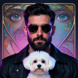 an epic portrait of a man and white maltanese dog, cute white maltanese dog and handsome short black hair pilot with full beard and sunglasses, few gray, striking eyes, concept art, symmetrical eyes, trending in artstation, moody lighting, neon color scheme, by artgerm, Alphonzo Mucha and Illya Repin and Craig Mullins
