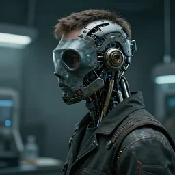 a half - masked futuristic young laboratory engineer man with cybernetic enhancements as seen from a distance, scifi character portrait by greg rutkowski, esuthio, craig mullins, 1 / 4 headshot, cinematic lighting, dystopian scifi gear, gloomy, profile picture, mechanical, half robot, implants, steampunk