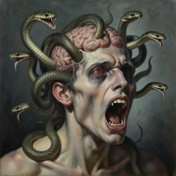 an oil on canvas painting of a screaming decapitated man's partially decomposing face with many large biting serpents swarming out of his exposed brain, a surrealist painting, polycount, surrealism, surrealist, lovecraftian, cosmic horror, high detailed