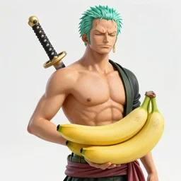 photorealistic zoro from one piece using 3 bananas instead of swords