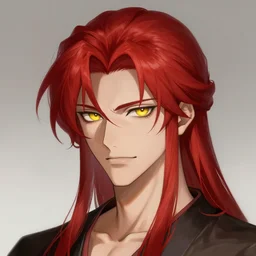 portrait of hisoka morow hunter hunter, male, sharp jaw yellow eyes narrow eyes red hair crimson medium length hair swept back hair, soft hair, anime, fantasy, intricate, elegant, highly detailed, digital painting, artstation, concept art, smooth, sharp focus, illustration, art by artgerm and greg rutkowski and alphonse mucha