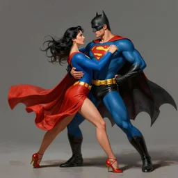 superman dancing salsa with batman, highly detailed, digital painting, sharp focus